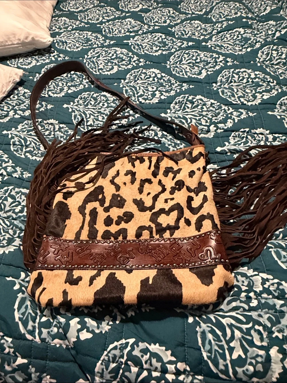 Leopard Print Fringe Leather Shoulder Bag - Brown